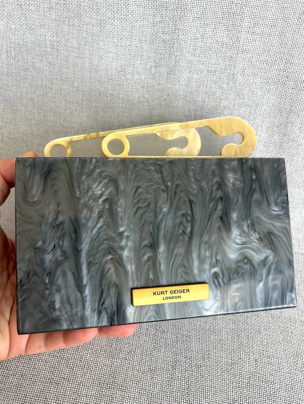Kurt Geiger Kensington safety pin box clutch on chain gray mother of pearl NWT